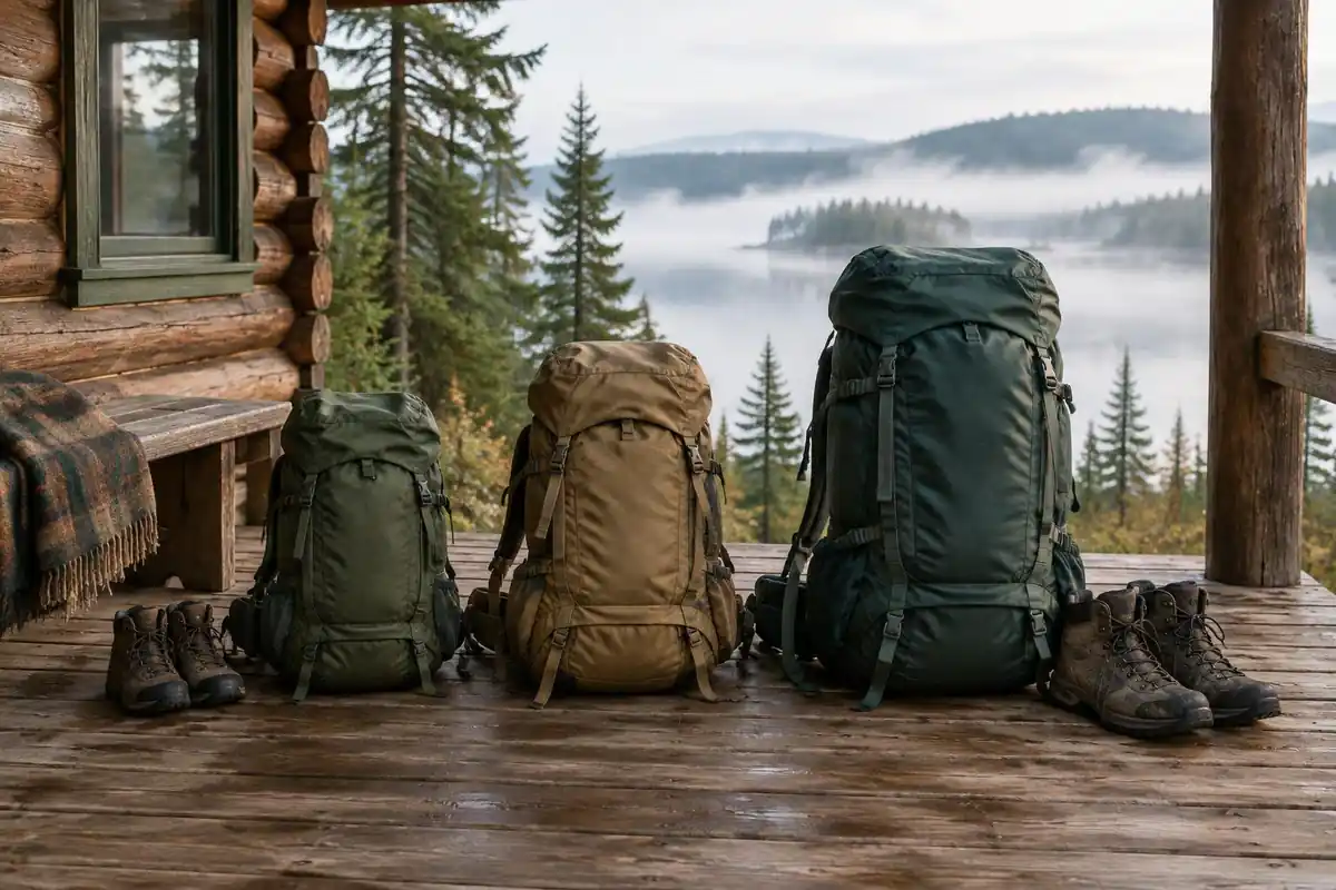 Three backpacks of different sizes lined up on a sunlit timber cabin porch