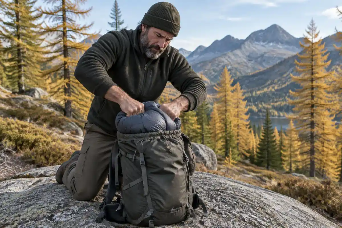 Man kneeling on a granite slab compressing a bulky sleeping bag into a pack