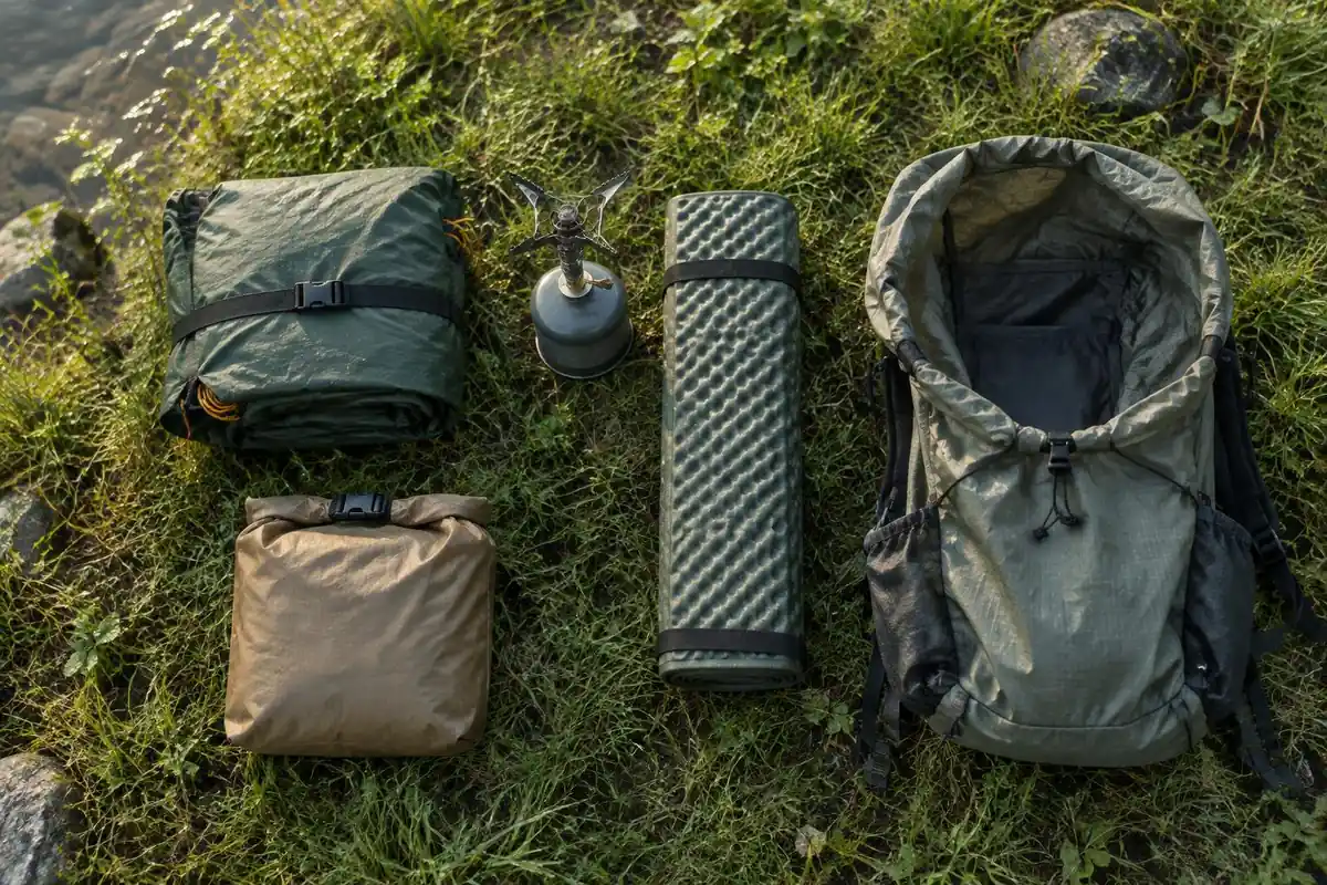 Lean gear laid out in a tidy grid on a grassy bank beside a small pack