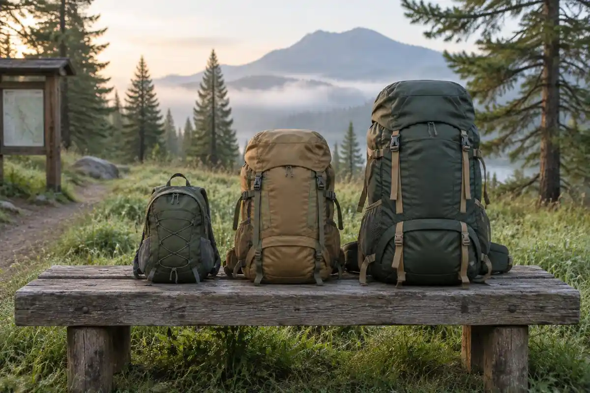 Three packs of different sizes lined up on a wooden trailhead bench in morning light
