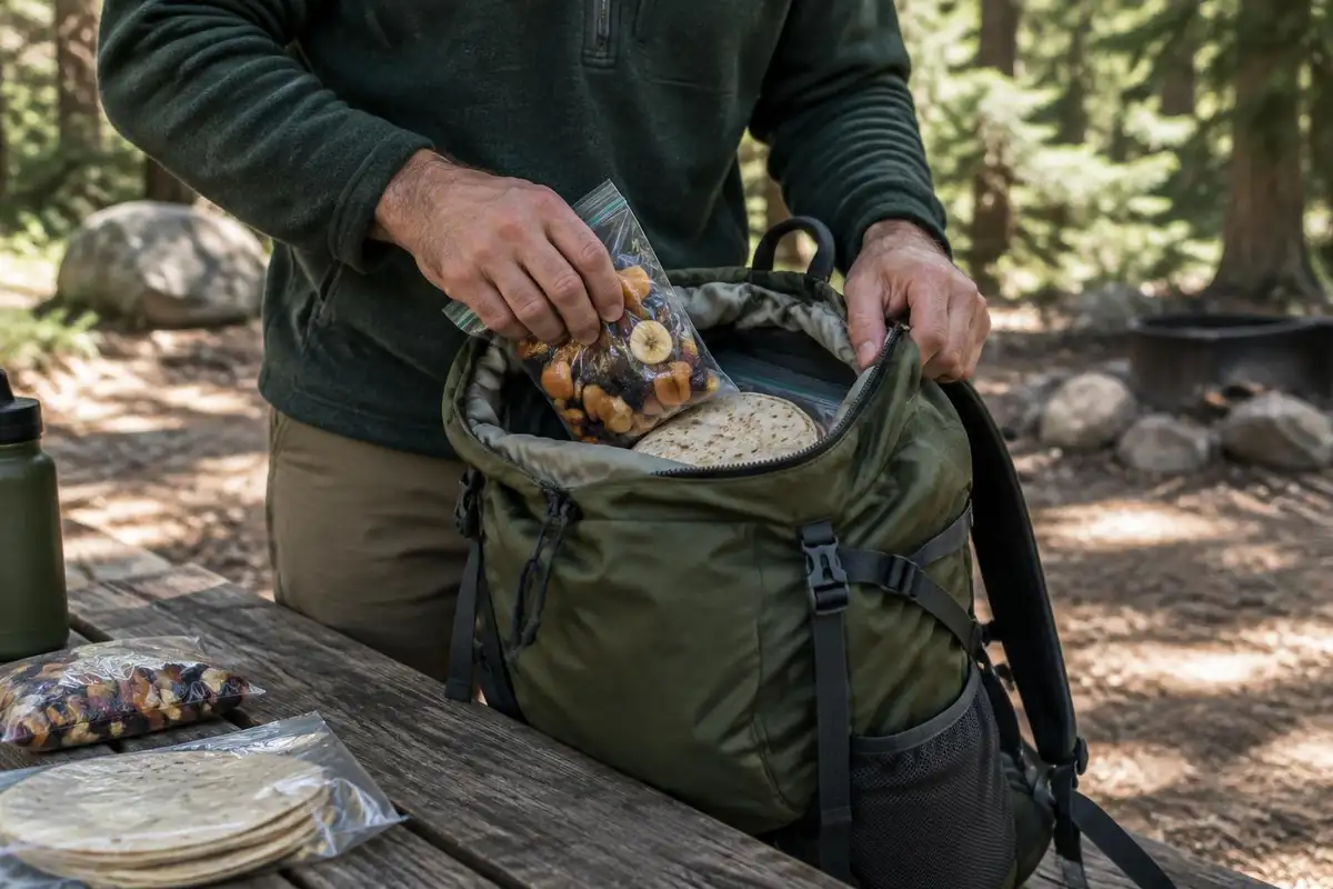 Hands packing tightly rolled food bags into a mid-size pack on a picnic table
