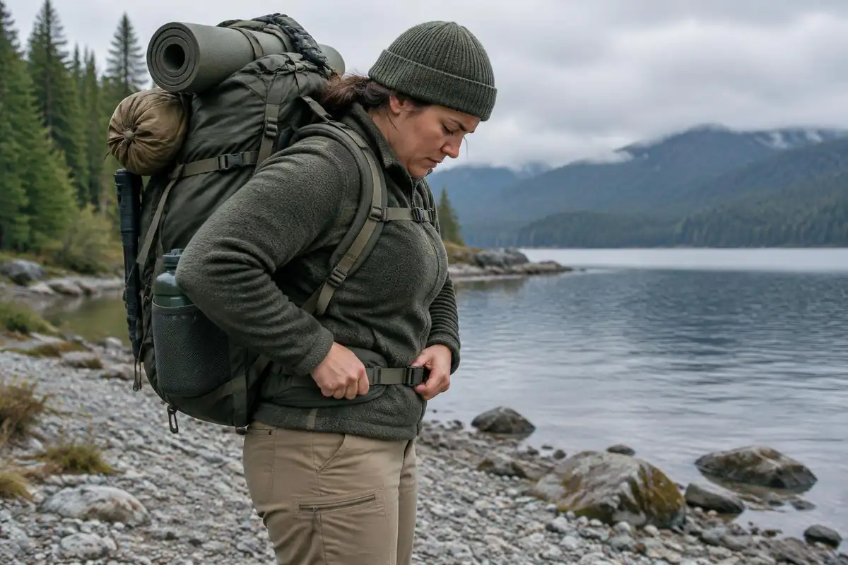 Hiker in a wool cap tightening hip belt on a heavy pack beside a lake