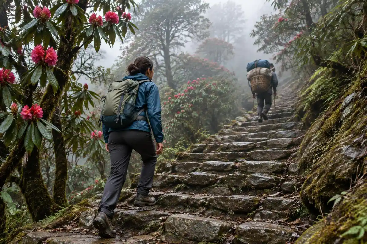 Trekker climbing a stone staircase through misty rhododendron forest