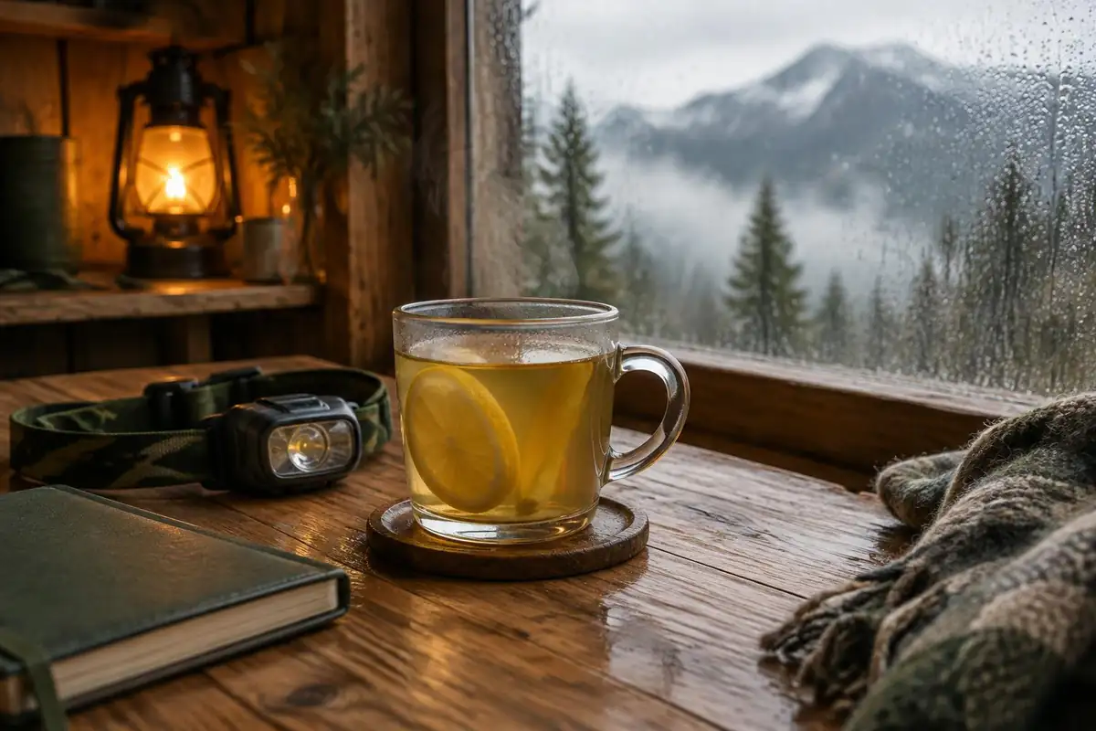 Hot tea, headlamp and notebook on a wooden tea-house table by a misty window