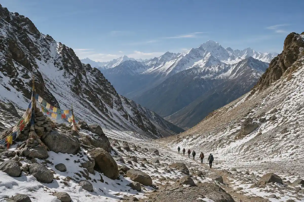 High snowy pass with prayer flags and single-file trekkers far below