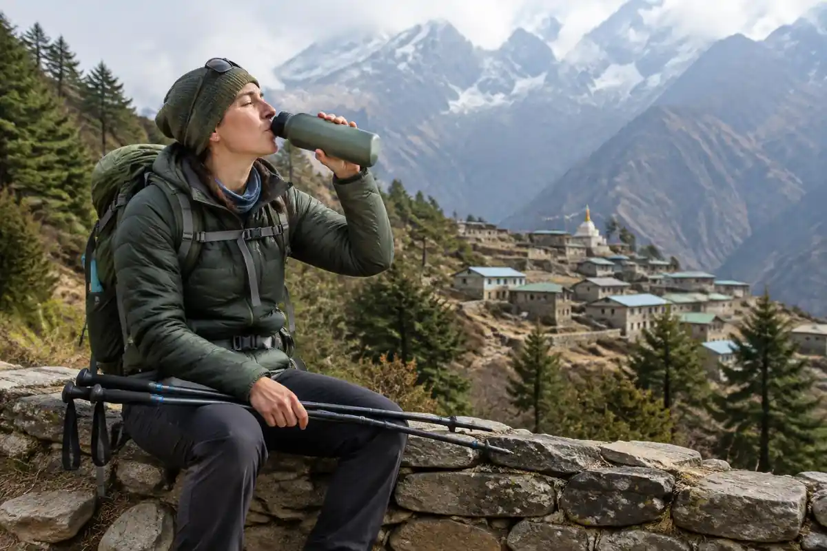Trekker resting on a stone wall in a high village, poles across knees