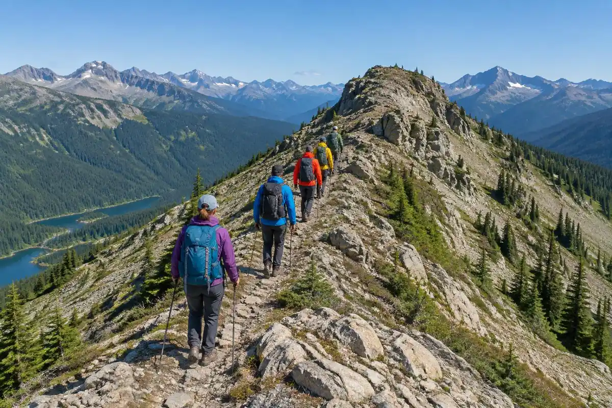 Loop trail across a bare alpine ridge with rocky knobs on a clear day