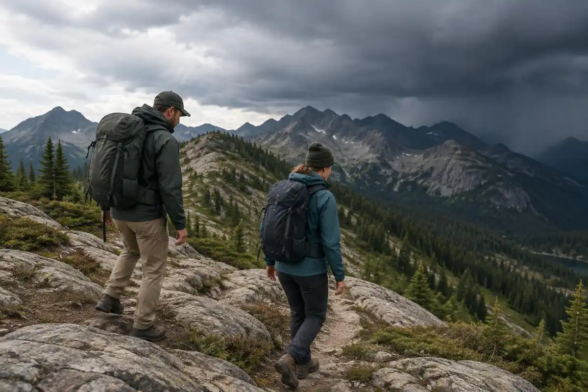 Hikers turning back on a ridge seeing dark storm clouds behind them