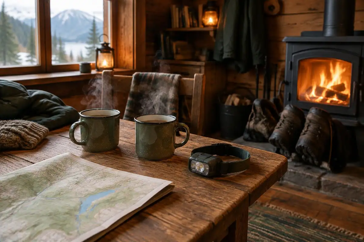 Hut kitchen table with mugs and a map at an alpine hut