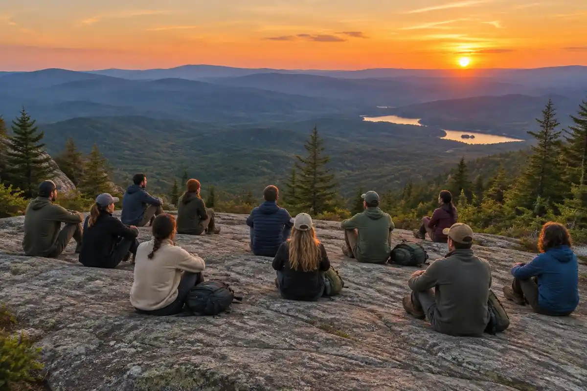 Rocky outcrop overlooking a forested valley at sunset with a crowd sitting