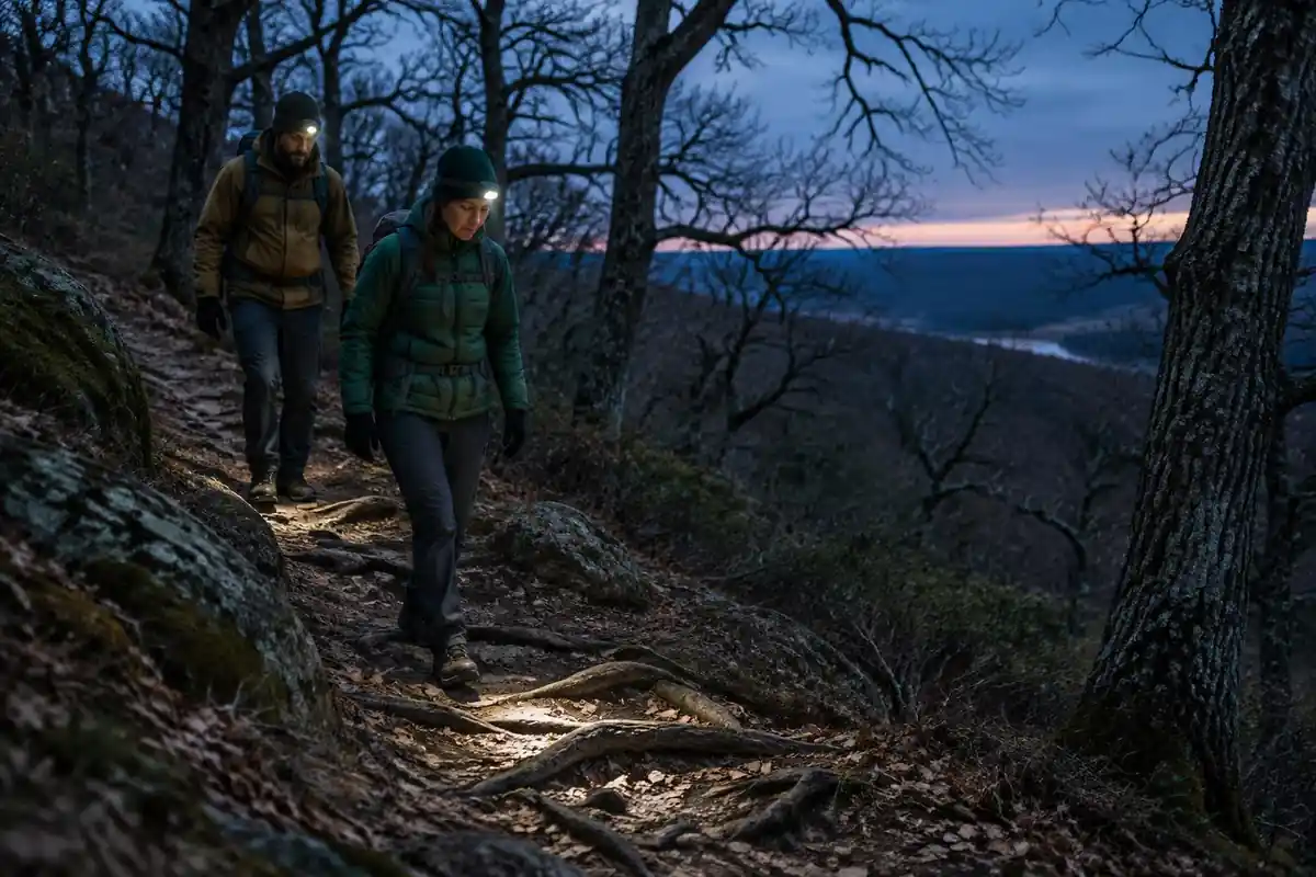 Hikers descending a forest trail with headlamps switched on after sunset