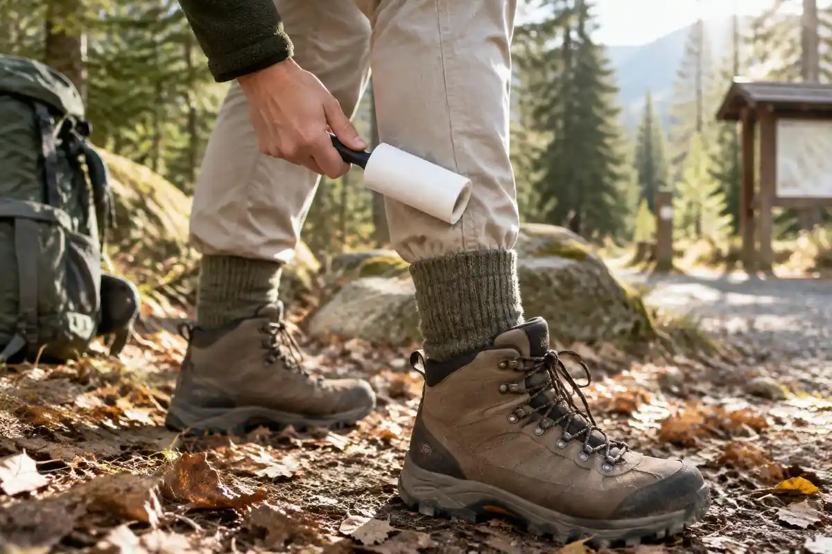 Hand brushing a tick check on a sock with pale trousers over a hiking sock