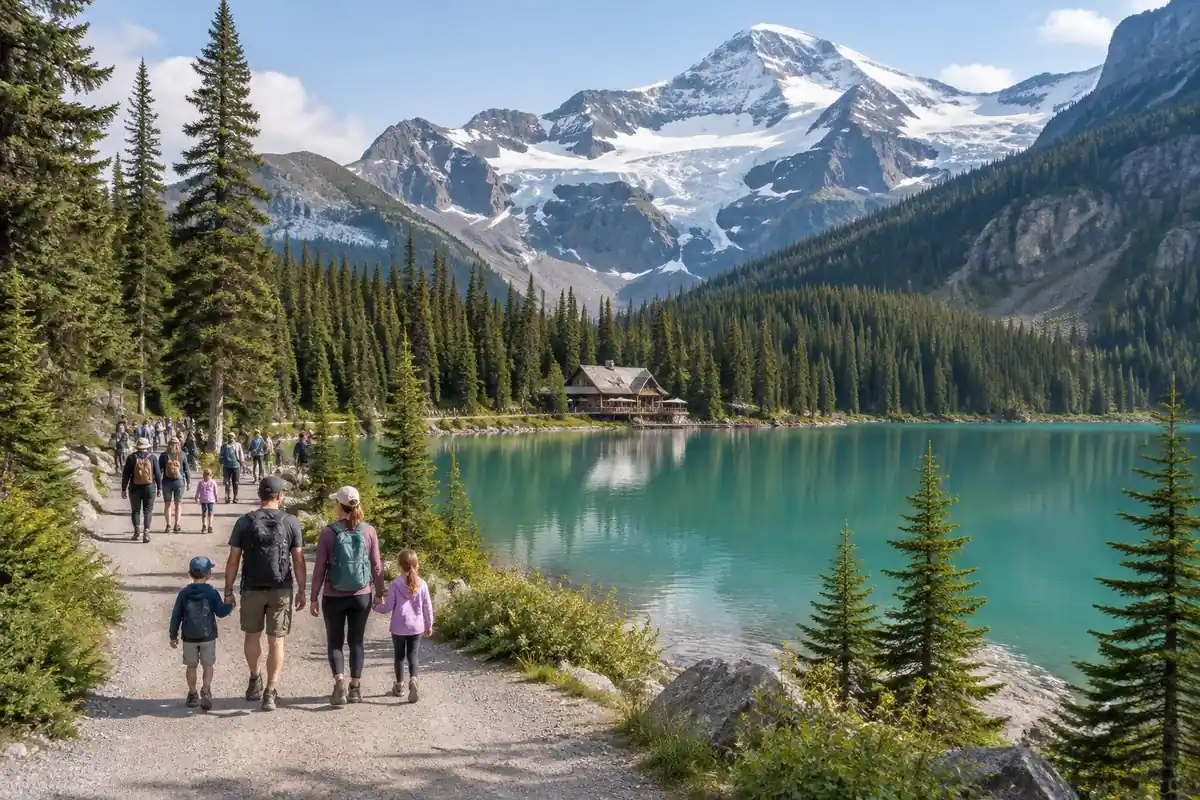 Emerald glacial lake with a wooden teahouse and glacier above, trail full of walkers