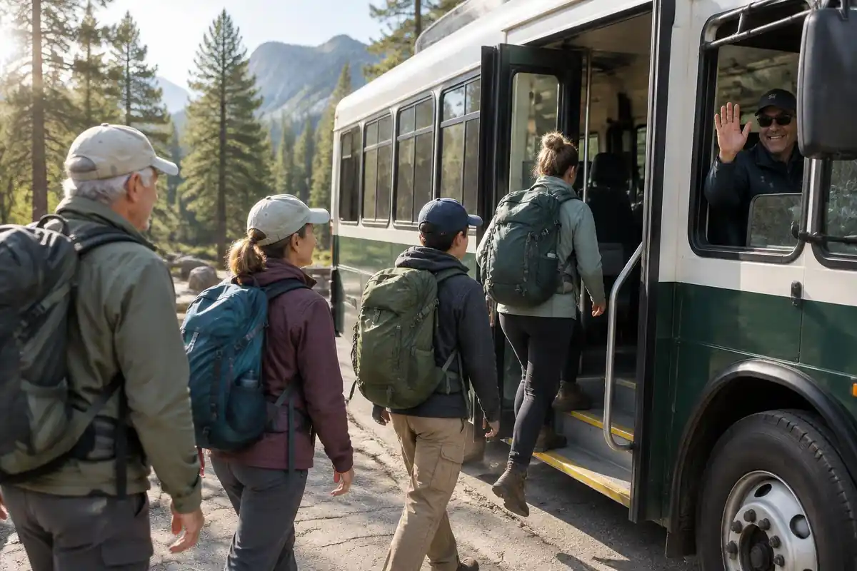 Group boarding a park bus with daypacks and a printed pass