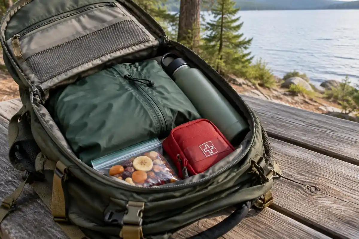 Open daypack with a rain shell, snack and small first aid pouch on a picnic table