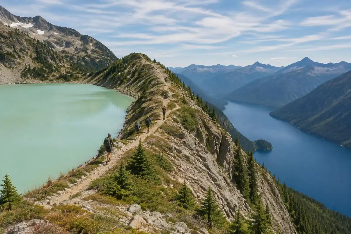 Rocky ridgeline dividing a jade-green lake from a deep blue lake, tiny hikers on crest