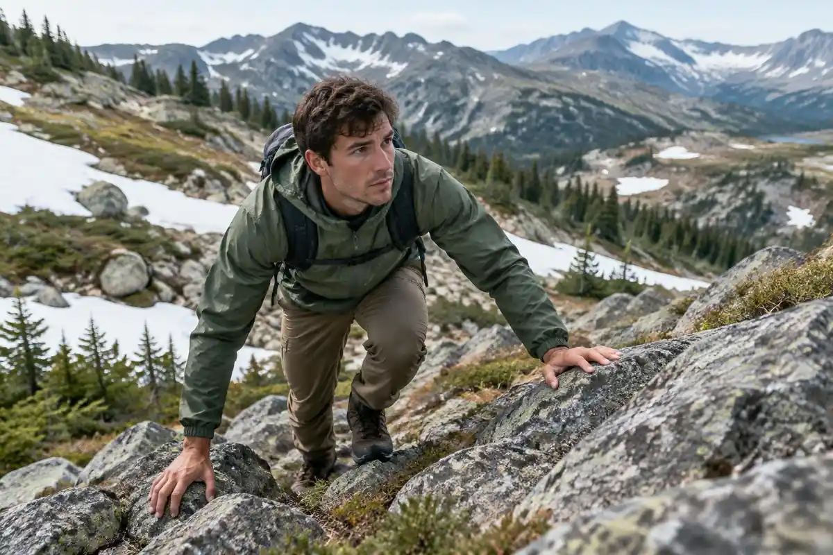 Young hiker in wind shell scrambling up grey boulders on alpine tundra
