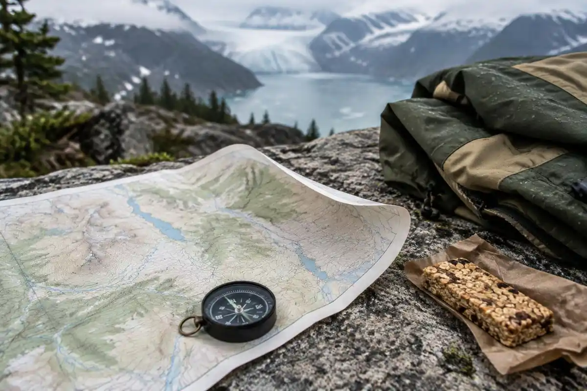 Paper map, compass and folded rain jacket on a flat granite slab