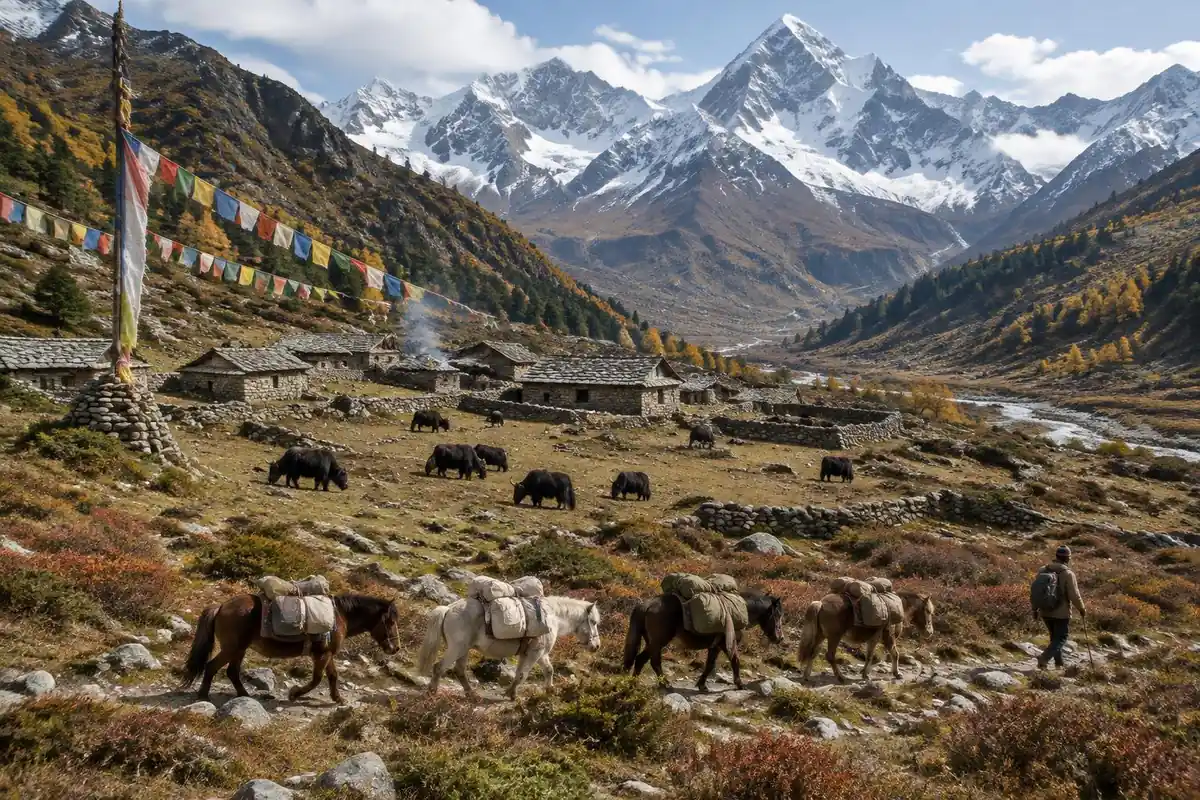 Remote high valley of yak pastures with a pack pony caravan beneath snow ridges