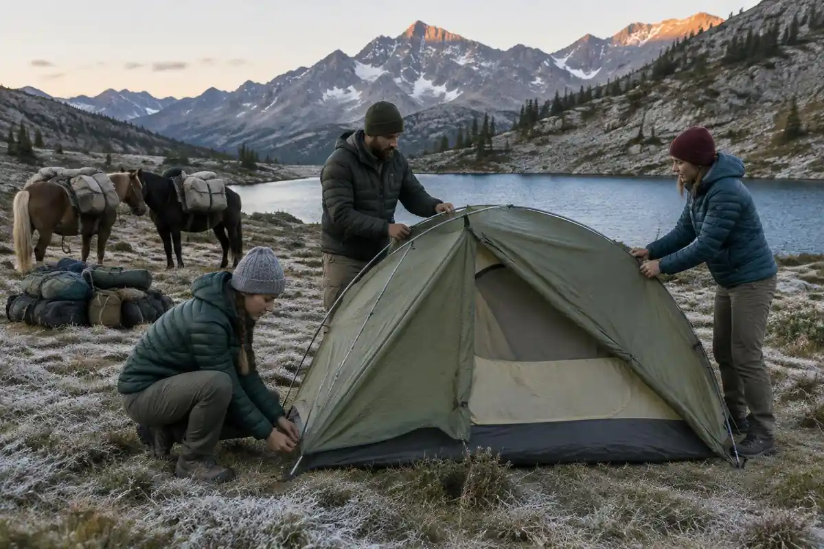 Guide and two trekkers pitching a mountain tent beside a small alpine lake