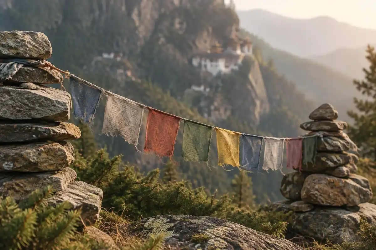 Faded prayer flags strung between two stone cairns with a cliff far behind