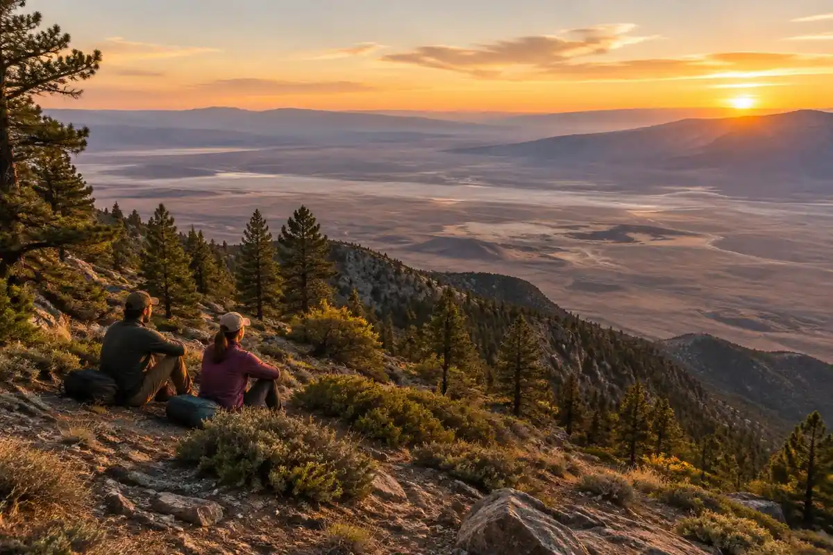 Desert mountain rim with pines and a wide dry basin far below at sunset