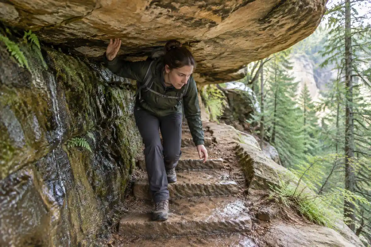 Woman ducking beneath a sandstone overhang on a narrow cut path