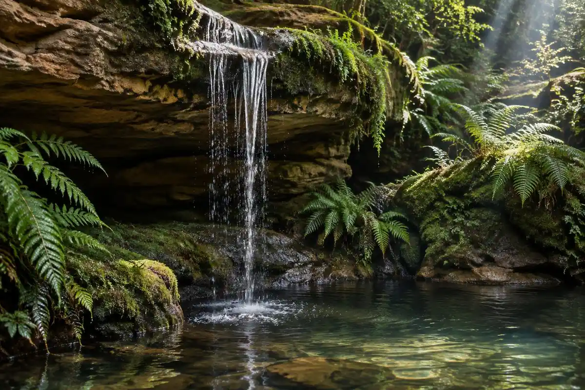 Thin waterfall dripping over a sandstone lip into a fern-lined pool