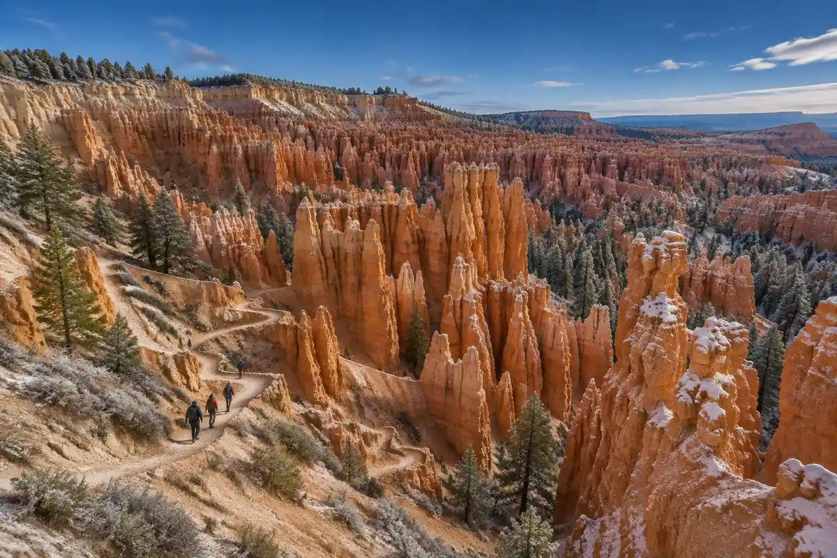 Orange hoodoo spires amphitheater with a switchbacked trail descending