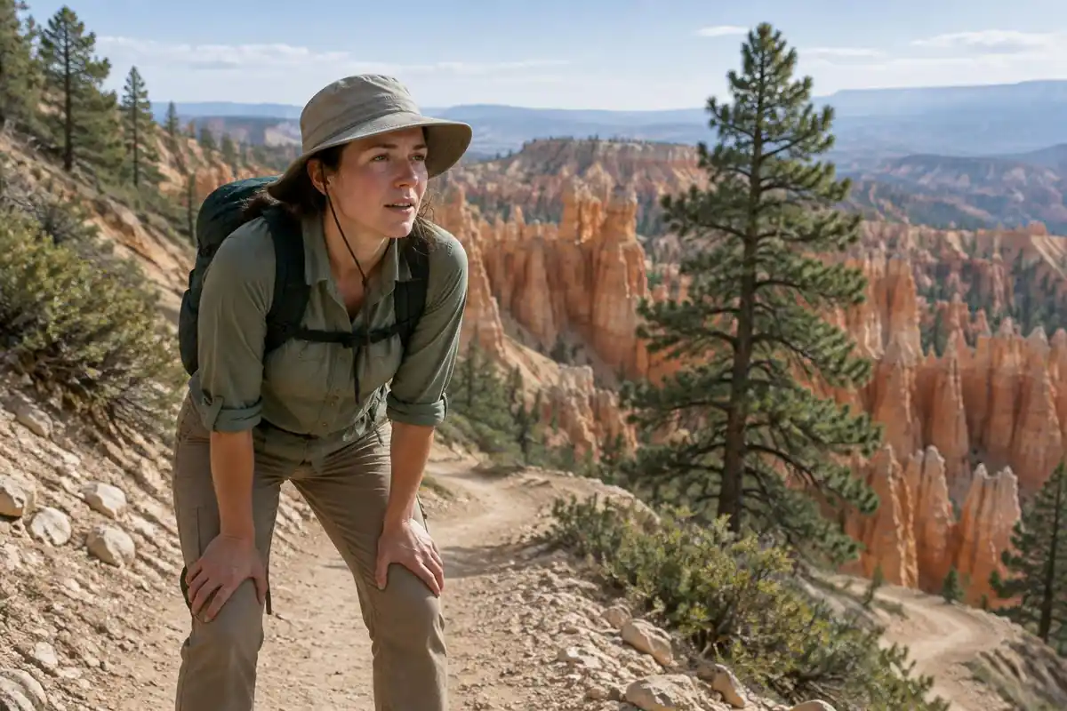 Hiker resting hands on knees on a switchback catching breath