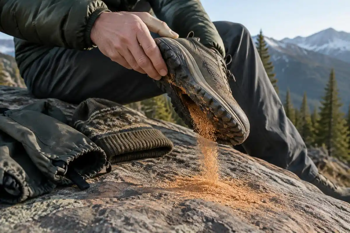 Sand in a shoe being emptied on a rock with gaiters and a cold morning hat nearby