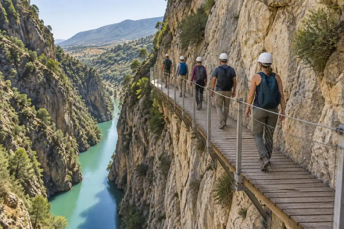 Narrow wooden walkway bolted to a sheer limestone gorge above a turquoise river