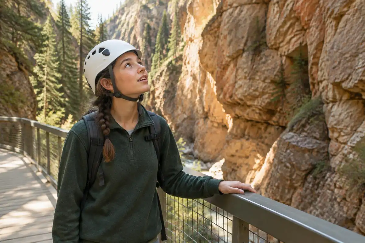 Teenager in a white helmet looking up at gorge walls from a railed boardwalk