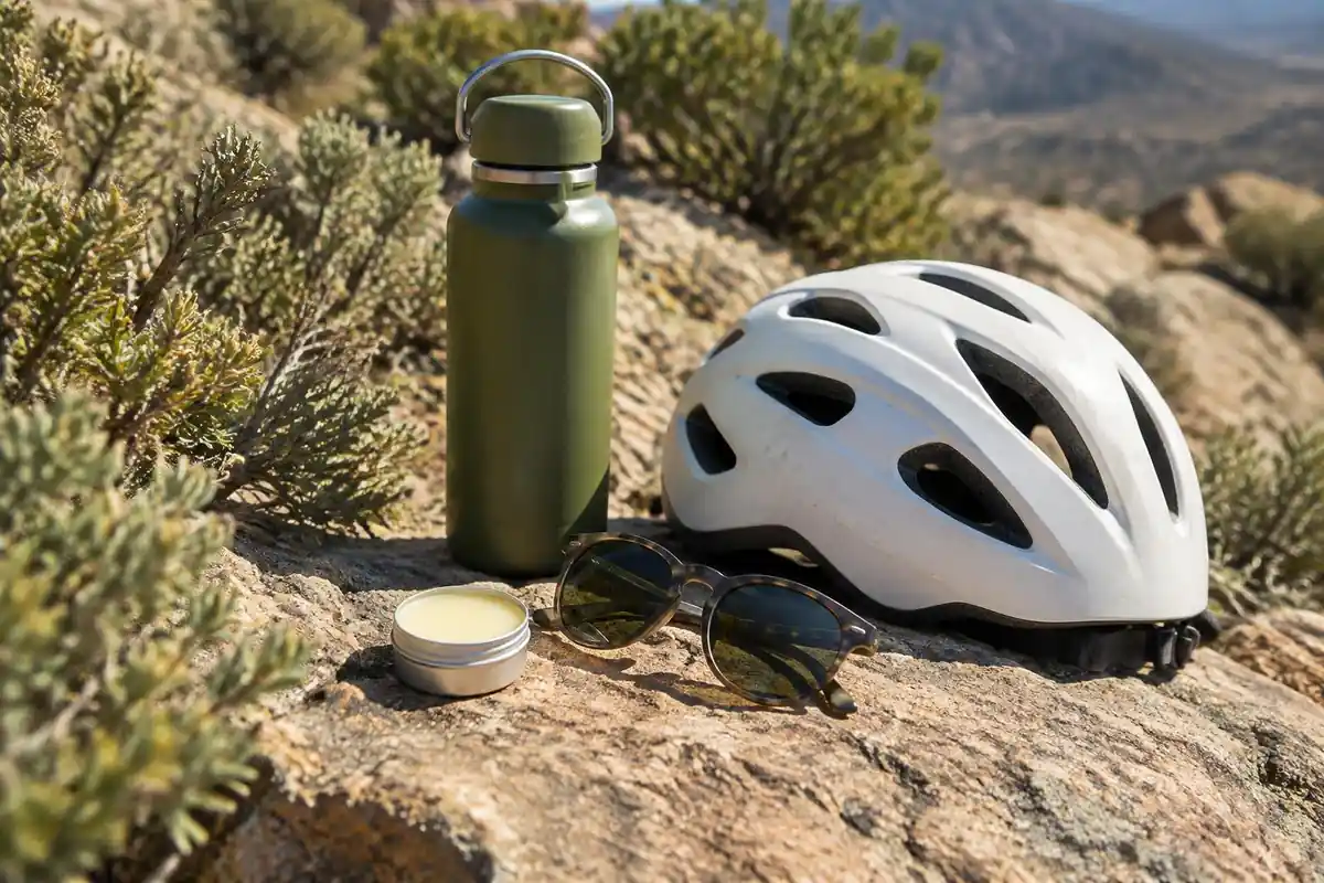 Sunscreen tin, sunglasses, bottle and a white helmet on a warm rock ledge