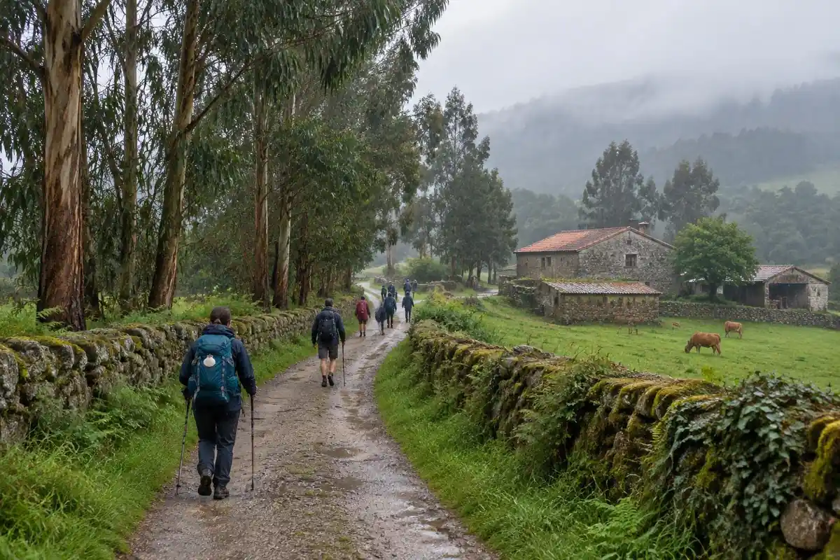 Green lane between stone walls and eucalyptus with pilgrims walking in mist
