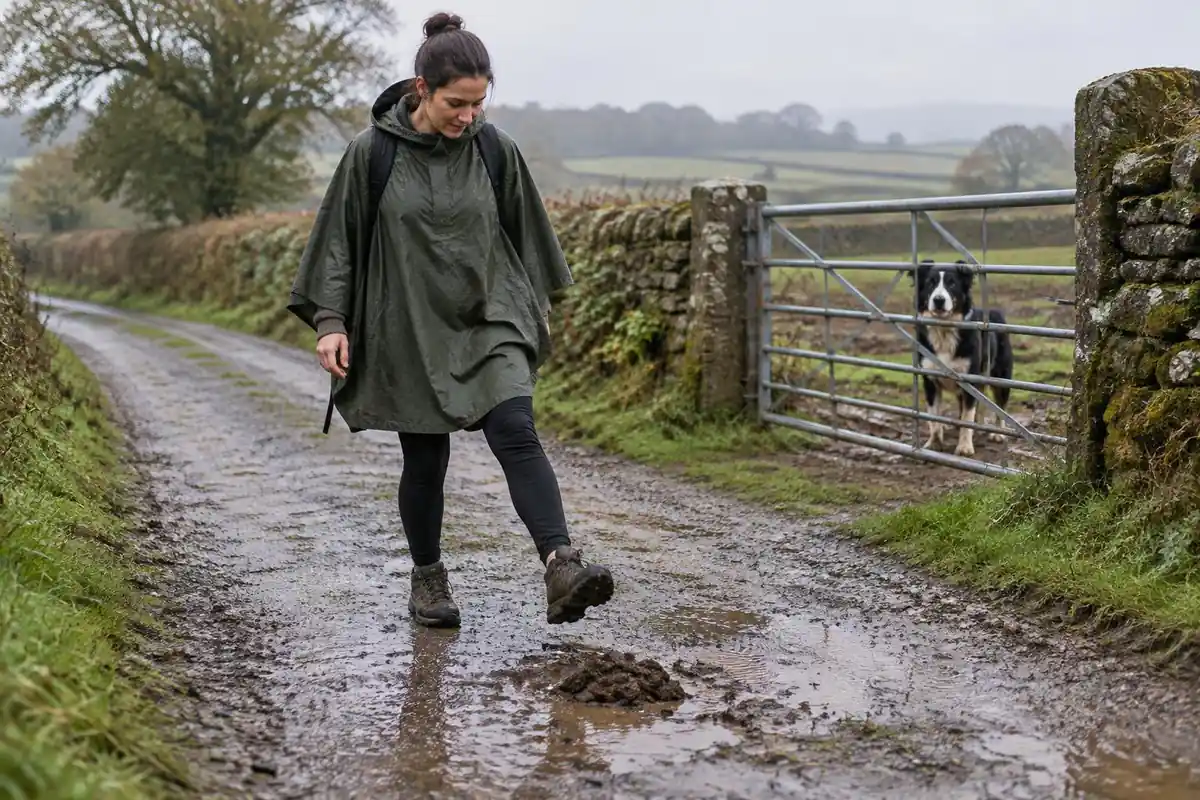 Woman in a rain cape stepping around a puddle on a country lane