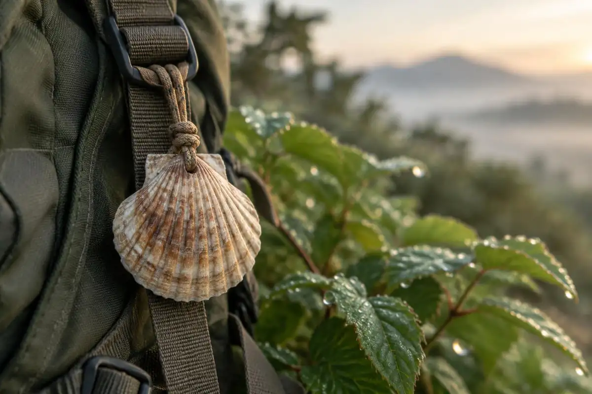 Scallop-shaped shell tied to a pack strap with dewy leaves behind