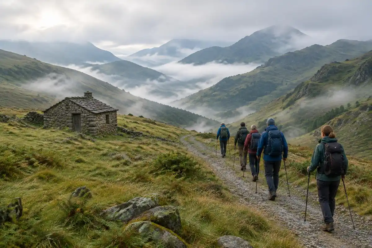 High grassy Pyrenean pass with a shepherd's hut and walkers in morning fog