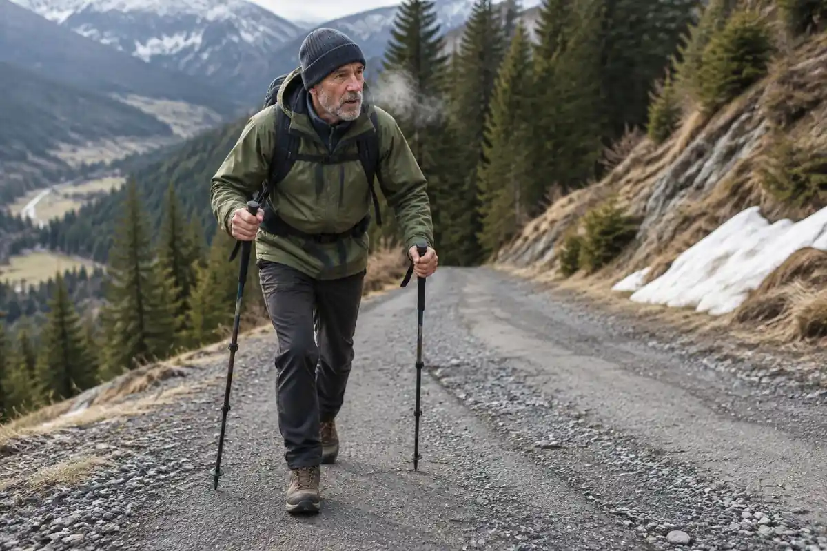 Older man with two poles walking steadily uphill on a mountain road in cold air