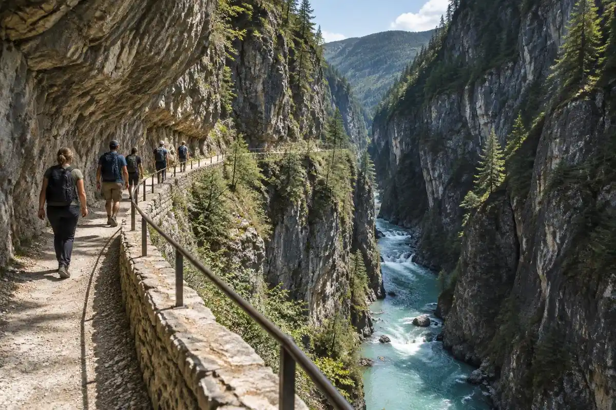Narrow rock-cut gorge path above a turquoise river with a railing on the drop side
