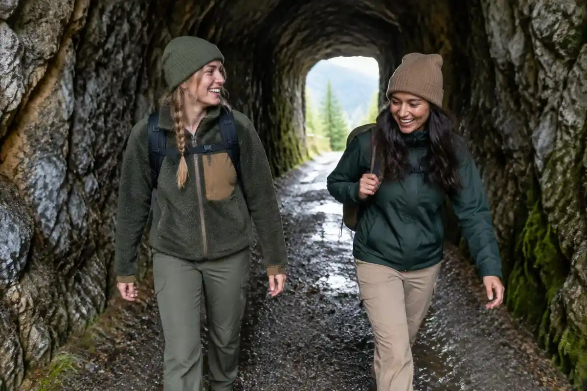 Two friends walking side by side through a short rock tunnel toward daylight