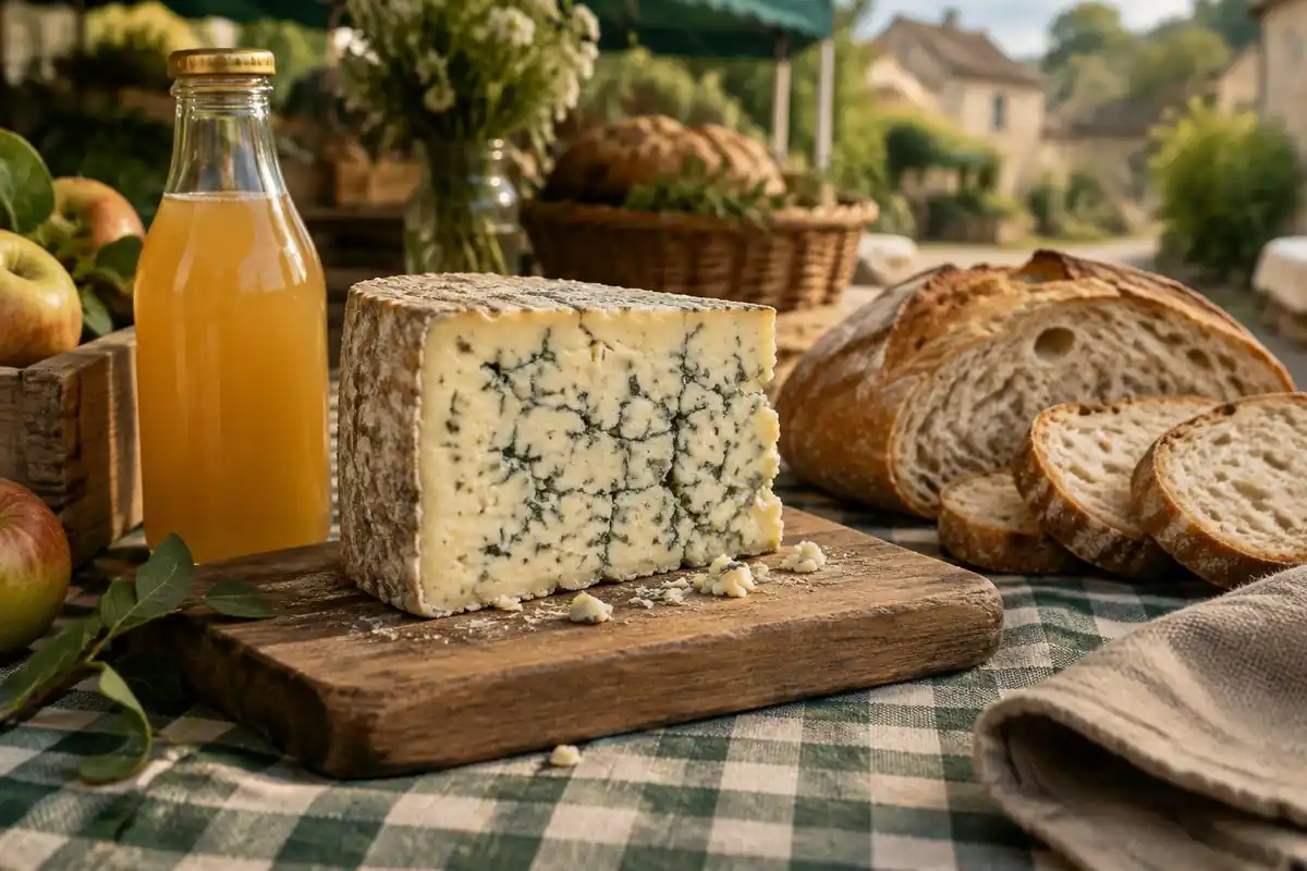 Cheese wedge, bread and apple juice on a checked cloth at a village stall