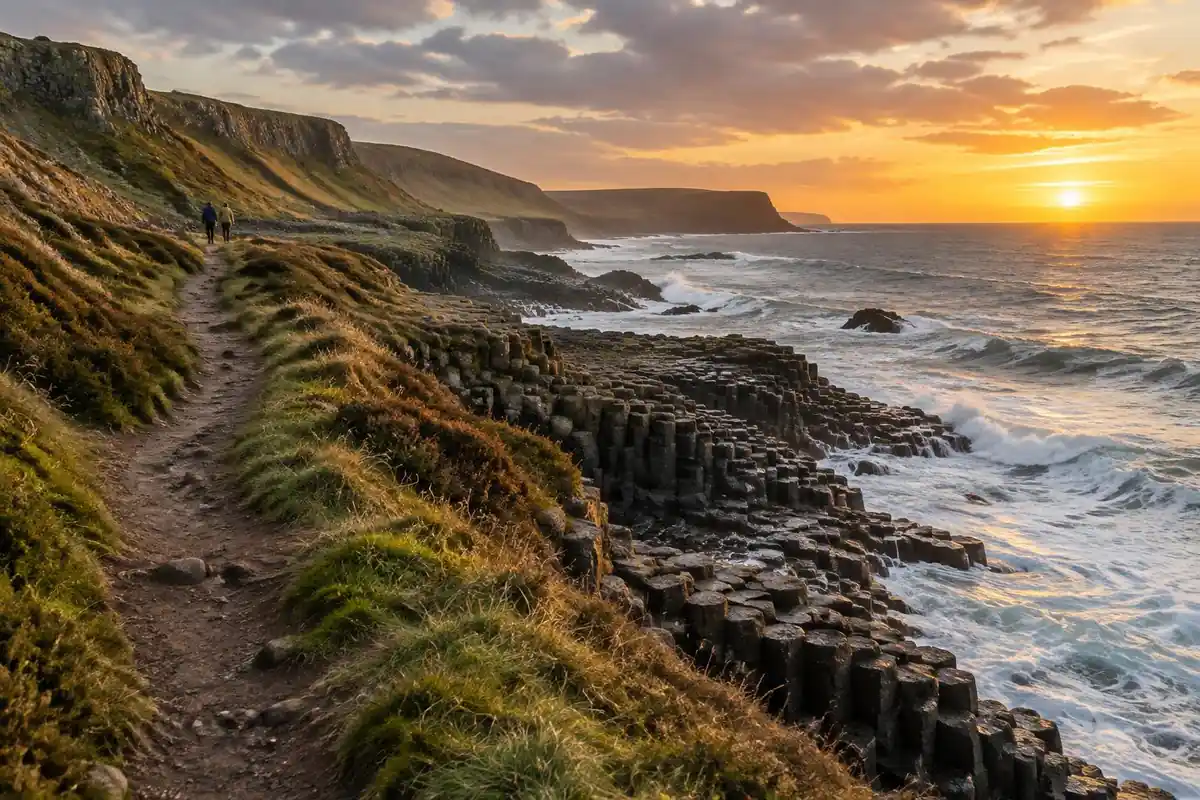 Clifftop path above hexagonal basalt columns and a grey Atlantic shore