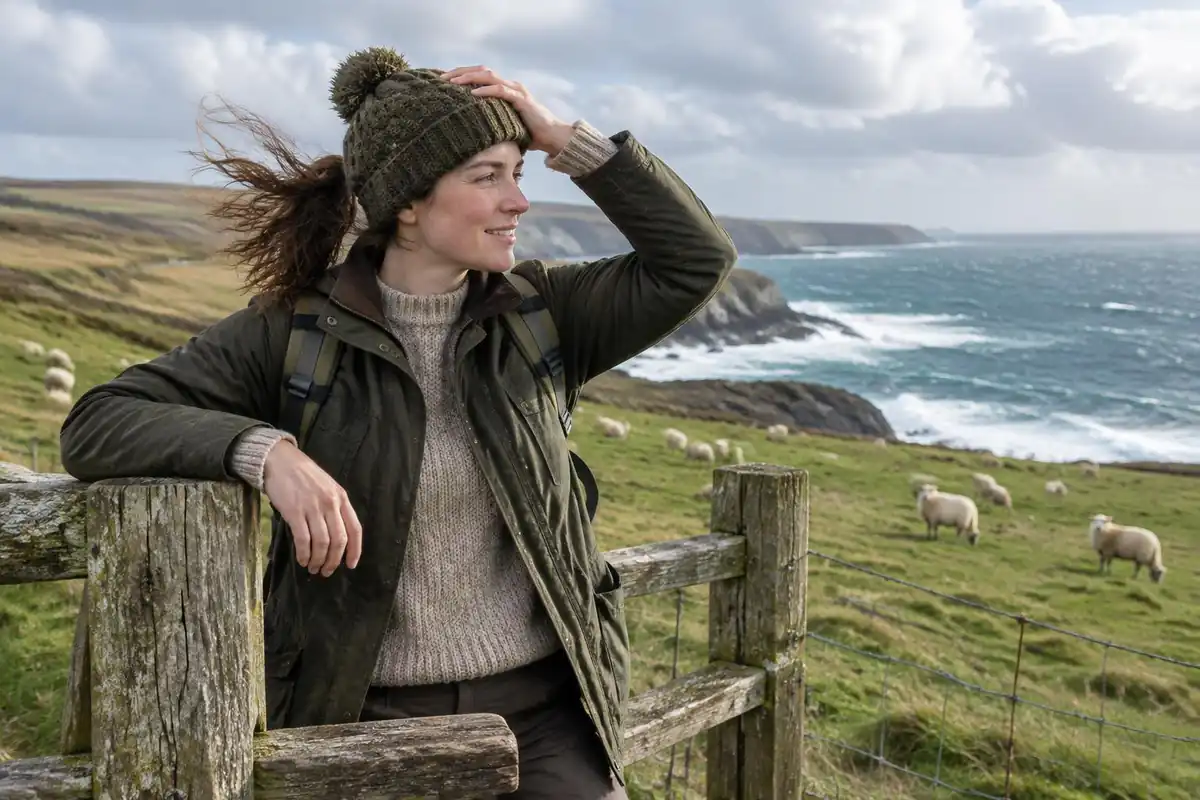 Woman leaning on a wooden stile beside a sheep pasture with the sea behind