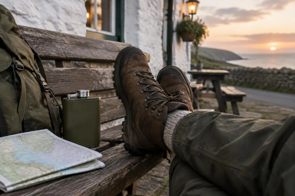 Muddy boots by a wooden bench with a paper map and flask outside a cottage