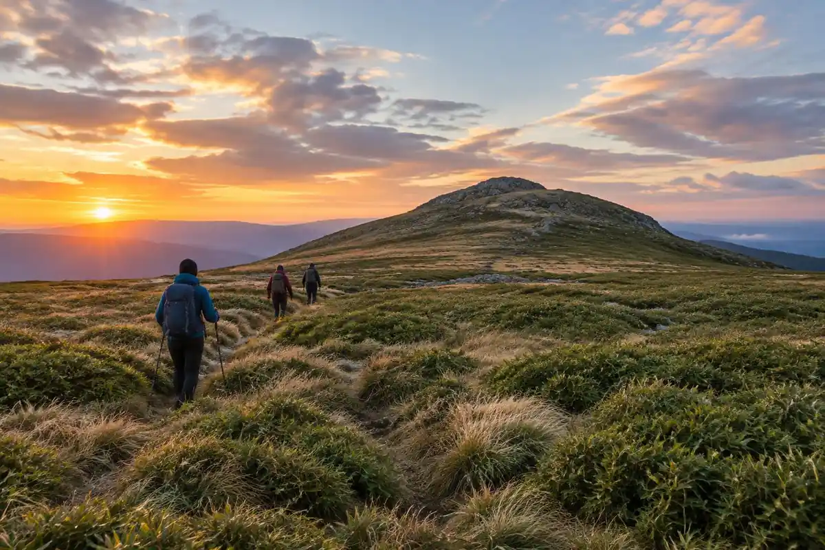 Treeless plateau of tussock grass and dwarf bamboo under a cloud-splashed sky