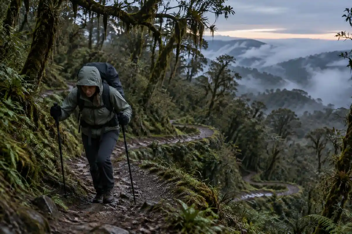 Hiker in rain jacket trudging up long switchbacks through mossy cloud forest