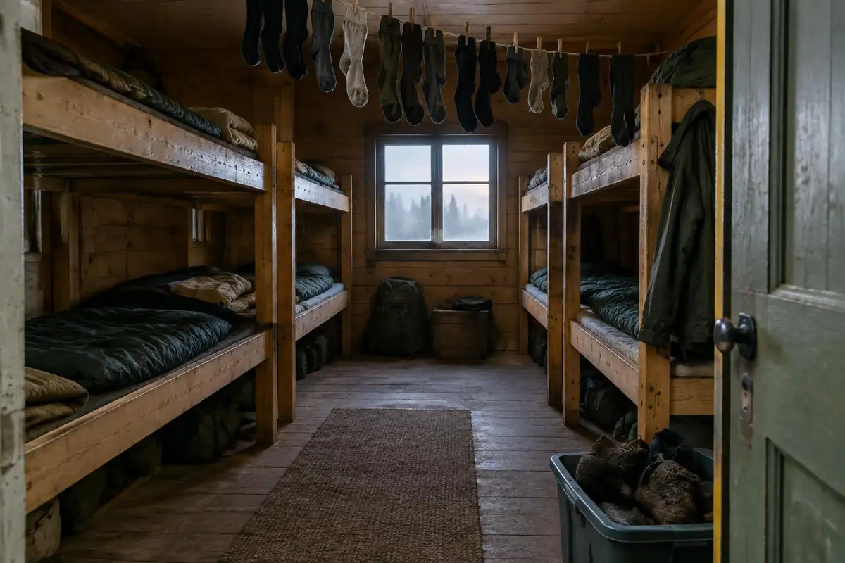 Bunk beds and damp socks on a line inside a simple mountain dormitory hut