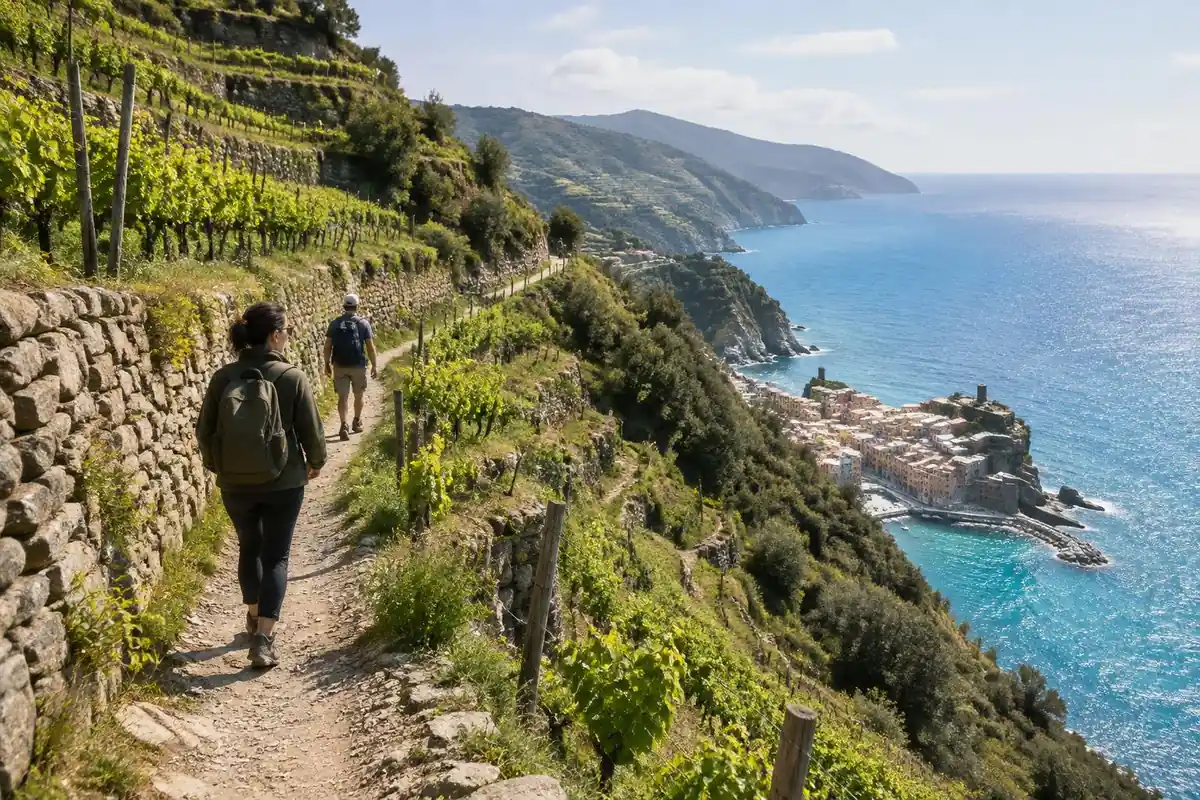 Coastal footpath through terraced vineyards above a turquoise sea, pastel village below