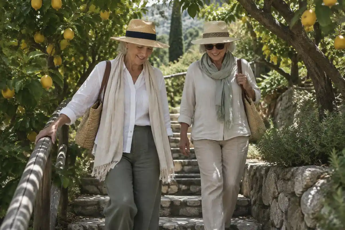 Two older women in sun hats descending stone steps beneath lemon trees